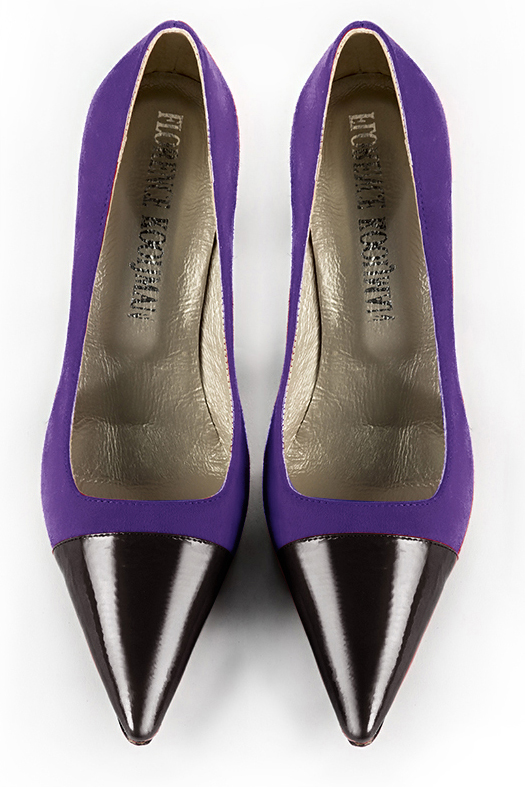 Gloss black and violet purple women's dress pumps,with a square neckline. Pointed toe. High slim heel. Top view - Florence KOOIJMAN